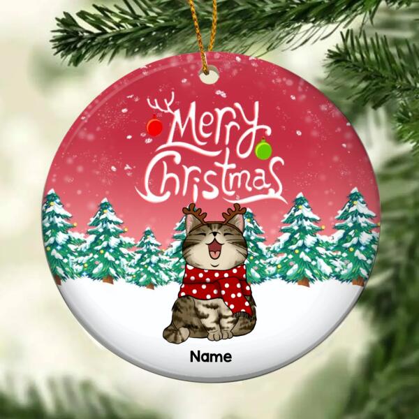 Merry Christmas Faded Red Sky Circle Ceramic Ornament - Personalized Cat Lovers Decorative Christmas Ornament