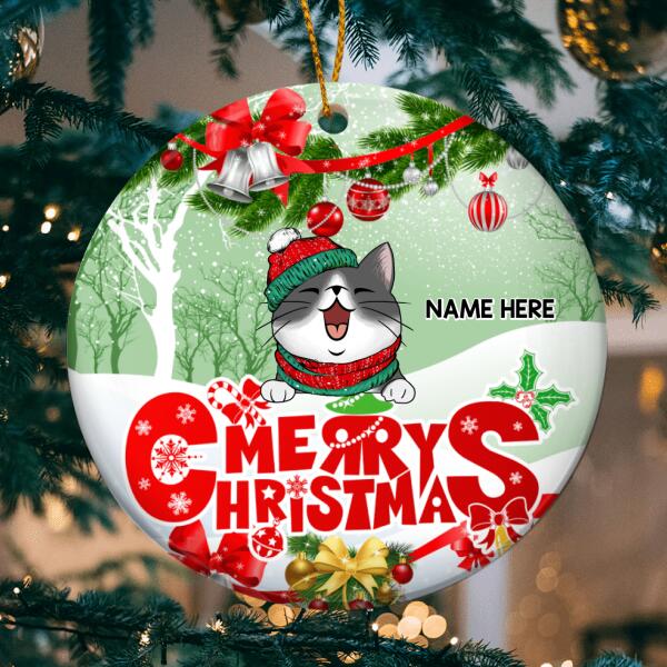Personalised Merry Christmas Red & Green Circle Ceramic Ornament - Personalized Cat Lovers Decorative Christmas Ornament