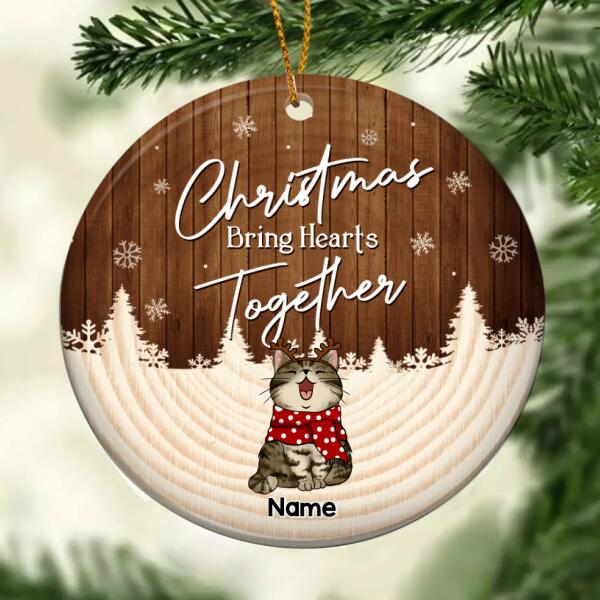 Christmas Bring Hearts Together Brown Wooden Circle Ceramic Ornament - Personalized Cat Decorative Christmas Ornament