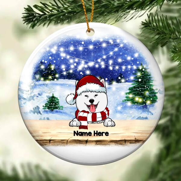 Snowy Xmas String Lights Night Circle Ceramic Ornament - Personalized Dog Lovers Decorative Christmas Ornament