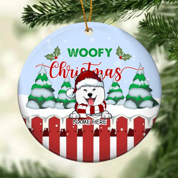 Personalised Woofy Christmas Red Fence Circle Ceramic Ornament - Personalized Dog Lovers Decorative Christmas Ornament
