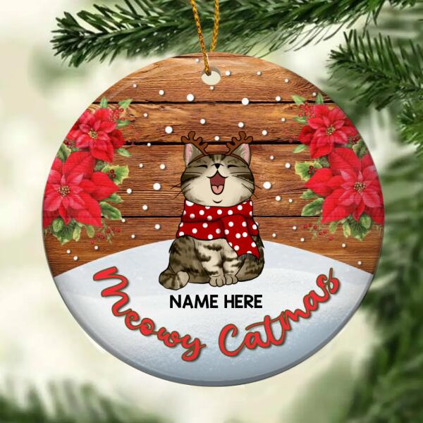 Meowy Catmas Circle Ceramic Ornament, Cat With Christmas Flower, Personalized Cat Lovers Christmas Decorative Ornament