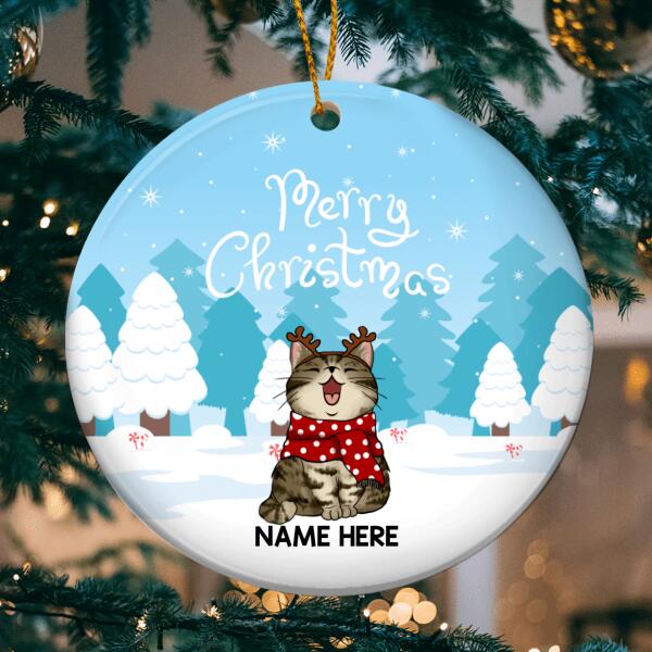 Merry Christmas, Cat & Pine Tree Circle Ceramic Ornament, Personalized Cat Breeds, Christmas Gift For Cat Lover