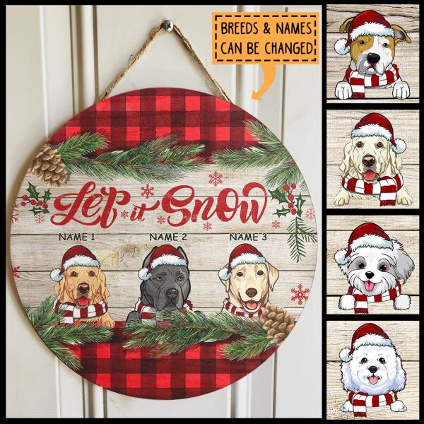 Christmas Door Decorations, Gifts For Dog Lovers, Let It Snow Welcome Door Signs, Red Plaid & Pine Leaves Background , Dog Mom Gifts