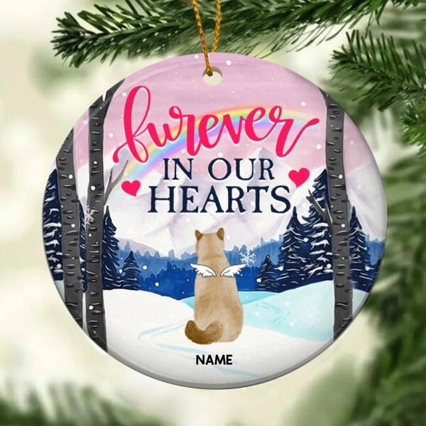 Forever In Our Hearts, Winter Forest Circle Ceramic Ornament, Personalized Cat Breeds, Cat Memorial Ornament