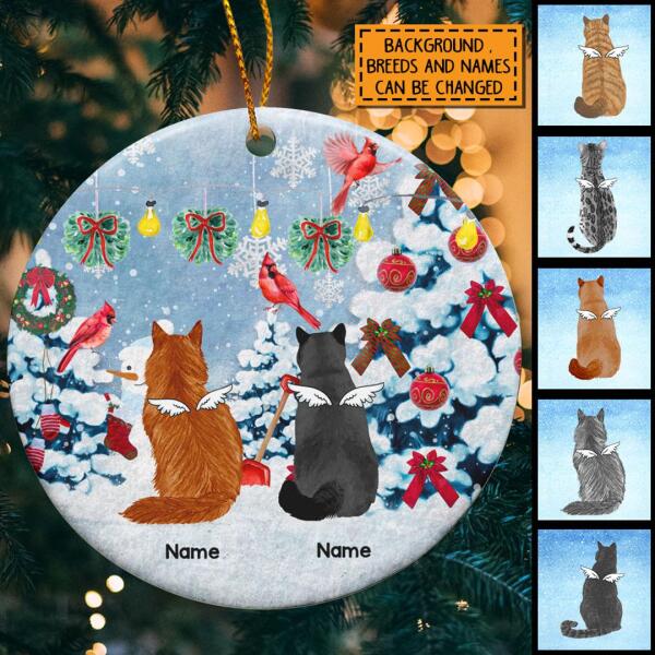 Red Cardinal With Christmas Tree Circle Ceramic Ornament, Cat Memorial Ornament 2022, Personalized Cat Lovers Christmas Decorative Ornament