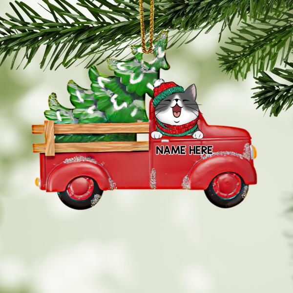 Red Truck With Pine Tree, Cat Christmas Shape Shaped Wooden Ornament, Personalized Cat Lovers Decorative Christmas Ornament