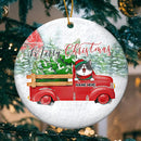 Merry Christmas Circle Ceramic Ornament, Cat With Red Truck And Pine Tree, Personalized Cat Lovers Decorative Christmas Ornament