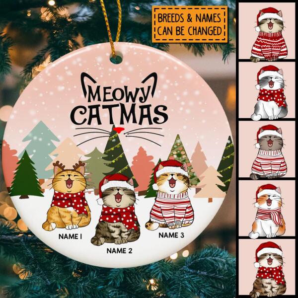 Meowy Catmas 2022 Circle Ceramic Ornament, Cat Wear Christmas Costume With Snowy Pink Background, Personalized Cat Lovers Decorative Christm