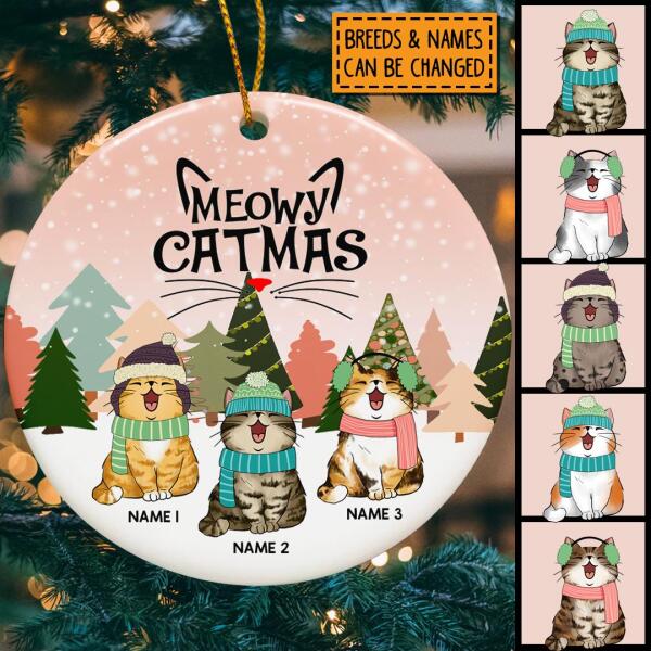 Meowy Catmas 2022 Circle Ceramic Ornament, Cat Wear Christmas Costume With Snowy Pink Background, Personalized Cat Lovers Decorative Christmas Ornament