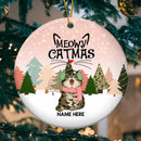 Meowy Catmas 2022 Circle Ceramic Ornament, Cat Wear Christmas Costume With Snowy Pink Background, Personalized Cat Lovers Decorative Christmas Ornament