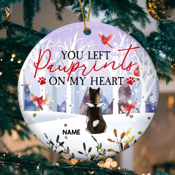 You Left Pawprints On My Heart Circle Ceramic Ornament, Red Cardinal And Winter Forest, Personalized Angel Dog Decorative Christmas Ornament