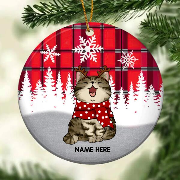 Personalised Red Plaid Xmas Circle Ceramic Ornament, Personalized Cat Lovers Decorative Christmas Ornament