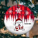 Personalised Red Plaid Xmas Circle Ceramic Ornament, Personalized Dog Lovers Decorative Christmas Ornament