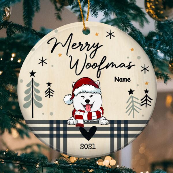 Merry Woofmas, Plaid Bauble, Circle Ceramic Ornament, Personalized Dog Breeds Ornament, Xmas Gifts For Dog Lovers