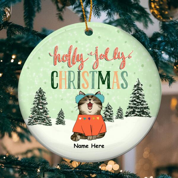 Holly Jolly Christmas Circle Ceramic Ornament, Green Pastel Background, Personalized Cat Lovers Decorative Christmas Ornament