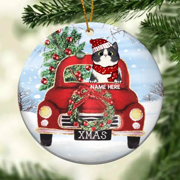 X-mas Cat In Red Truck Circle Ceramic Ornament, Personalized Cat Lovers Decorative Christmas Ornament