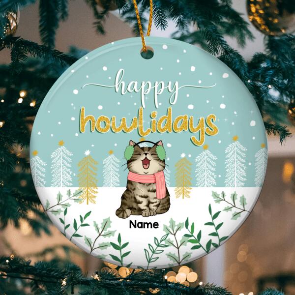 Happy Howlidays Circle Ceramic Ornament, Cat With Floral Background, Personalized Cat Lovers Decorative Christmas Ornament