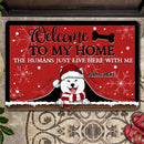 Christmas Welcome To Our Home Front Door Mat, Gifts For Dog Lovers, Dog Peeking From Curtain Custom Doormat
