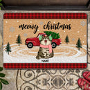 Christmas Personalized Doormat, Gifts For Cat Lovers, Meowy Christmas Red Truck & Christmas Tree Outdoor Door Mat