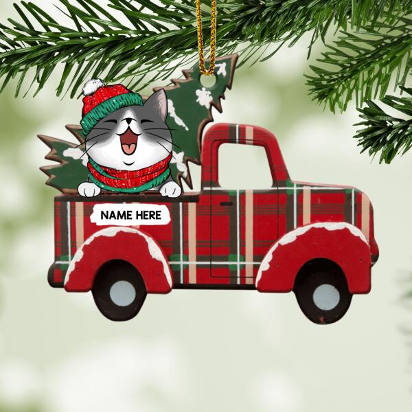 Cute Cat On Red Truck Shaped Wooden Ornament, Personalized Cat Lovers Decorative Christmas Ornament