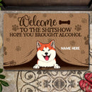 Pawzity Welcome To The Shitshow Front Door Mat, Gifts For Dog Lovers, Dog Peeking From Curtain Custom Doormat