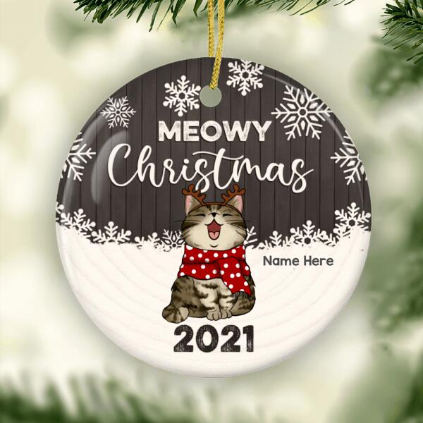 Personalized Meowy Christmas Circle Ceramic Ornament, Personalized Decorative Christmas Ornament, Xmas Cat Lovers Gift
