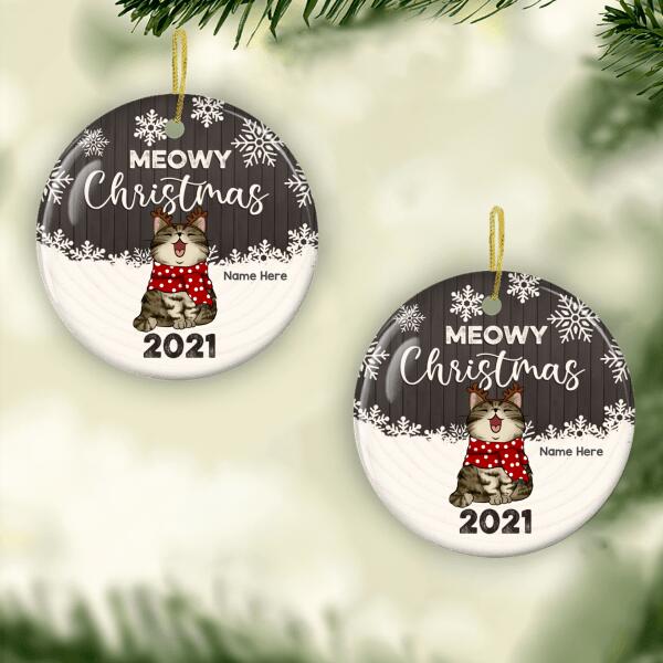 Personalized Meowy Christmas Circle Ceramic Ornament, Personalized Decorative Christmas Ornament, Xmas Cat Lovers Gift