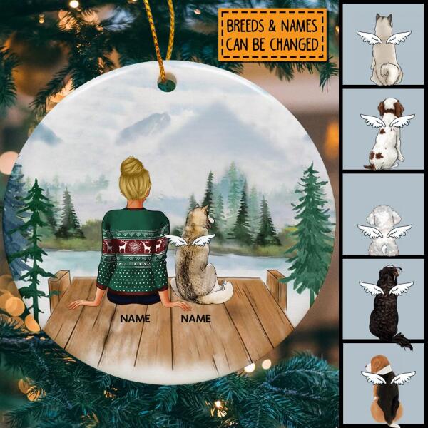 Girl & Dog, Personalized Dog Circle Ceramic Ornament, Dog Memorial Ornament, Loss Of Dog Gift