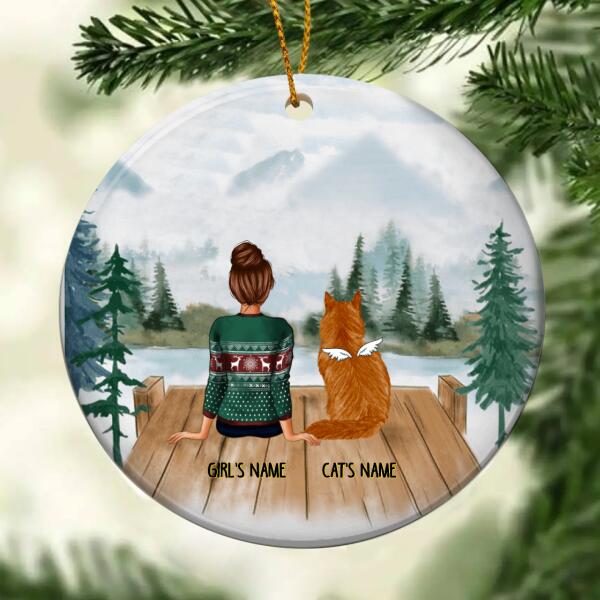 Girl & Cat, Personalized Cat Circle Ceramic Ornament, Cat Memorial Ornament, Loss Of Pet Gift