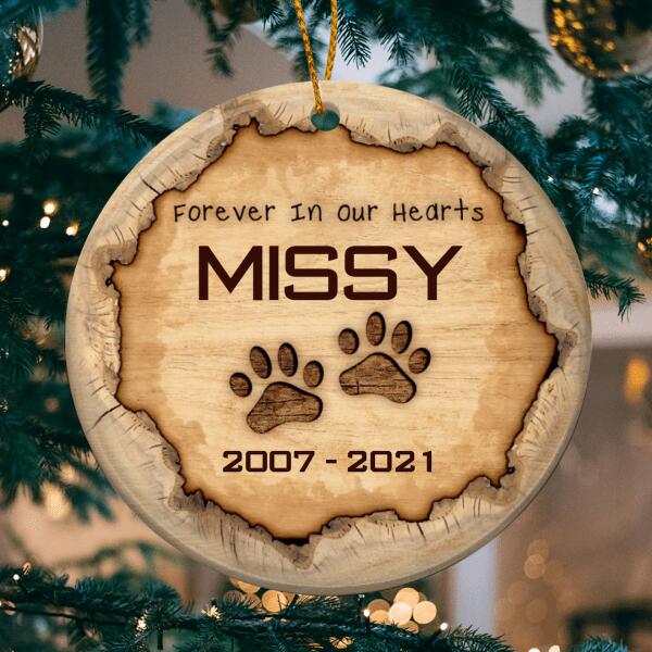 Forever In Our Heart, Pet Pawprints Circle Ceramic Ornament, Personalized Pet Name & Years Ornament