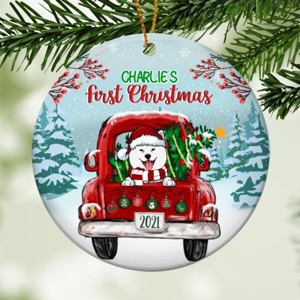 Dog 1st Christmas, Red Truck Circle Ceramic Ornament, Personalized Dog Breeds Ornament, Dog Lovers Gifts