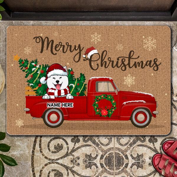 Christmas Personalized Doormat, Gifts For Dog Lovers, Merry Christmas Red Truck & Christmas Tree Outdoor Door Mat