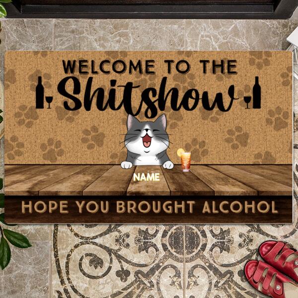 Pawzity Front Door Mat, Gifts For Cat Lovers, Welcome To The Shitshow Hope You Brought Alcohol Custom Doormat