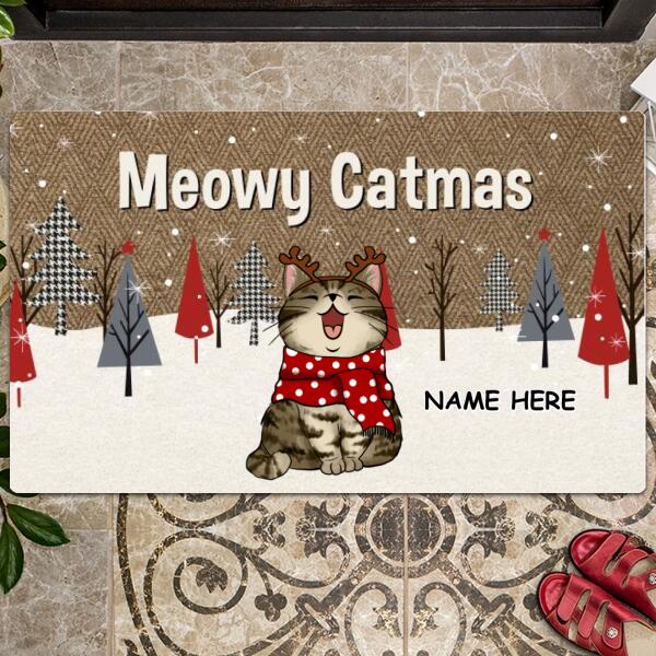 Christmas Personalized Doormat, Gifts For Cat Lovers, Meowy Catmas Argyle Pattern Coir Yarn Outdoor Door Mat