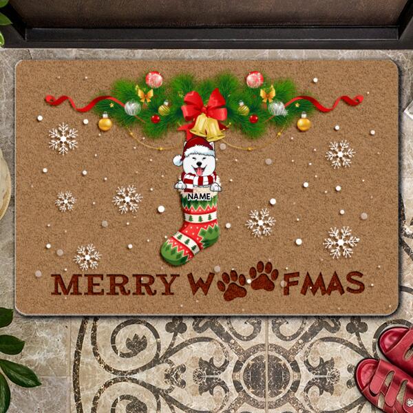 Christmas Personalized Doormat, Gifts For Dog Lovers, Merry Woofmas Dogs On Socks Front Door Mat