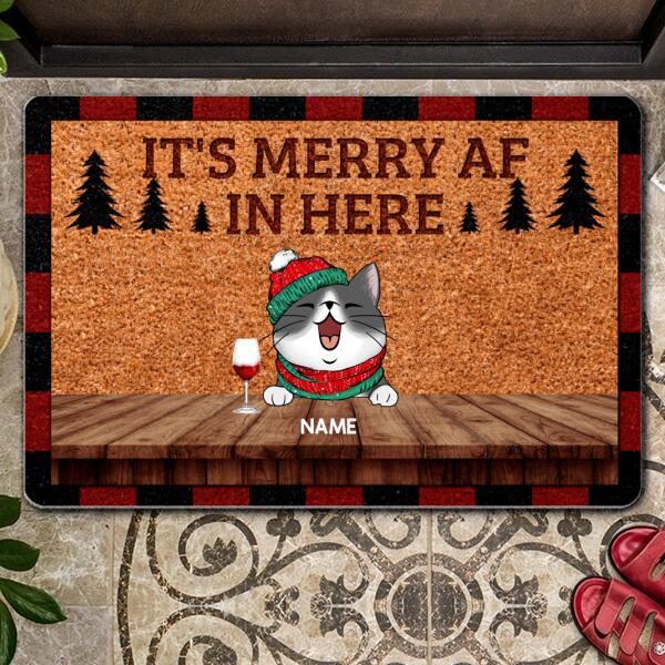 Christmas Personalized Doormat, Gifts For Cat Lovers, It's Merry Af In Here Outdoor Door Mat