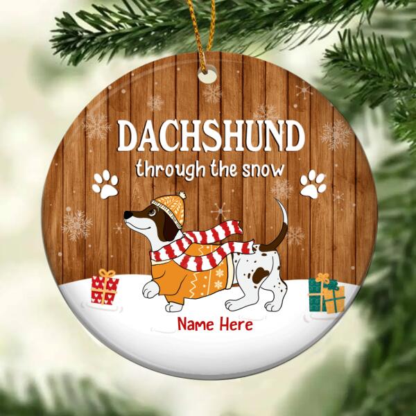 Dachshund Through The Snow Circle Ceramic Ornament, Wooden Background, Personalized Dog Lovers Decorative Christmas Ornament