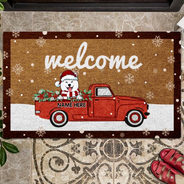 Christmas Welcome Mat, Gifts For Dog Lovers, Xmas Dogs On The Red Truck Personalized Doormat