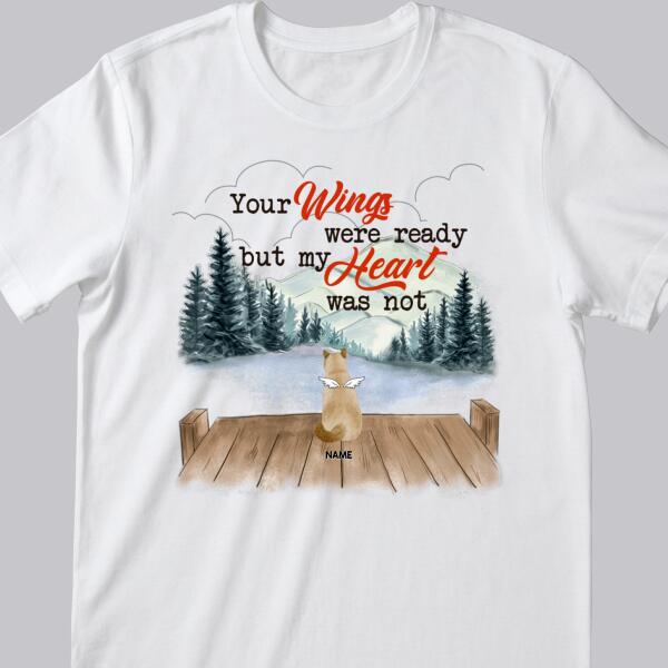 Your Wings Were Ready But My Heart Was Not, Beach Or Mountain Background, Personalized Angel Cat T-shirt