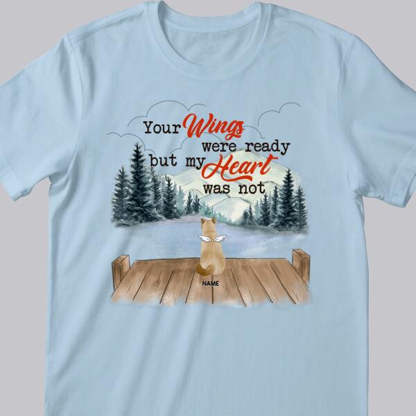 Your Wings Were Ready But My Heart Was Not, Beach Or Mountain Background, Personalized Angel Cat T-shirt