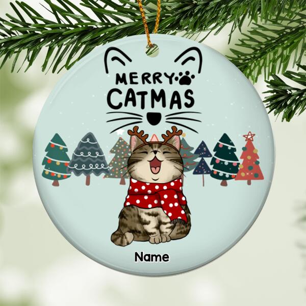 Merry Catmas, Cute Christmas Trees Circle Ceramic Ornament, Personalized Cat Breeds Ornament, Cat Lovers Gifts