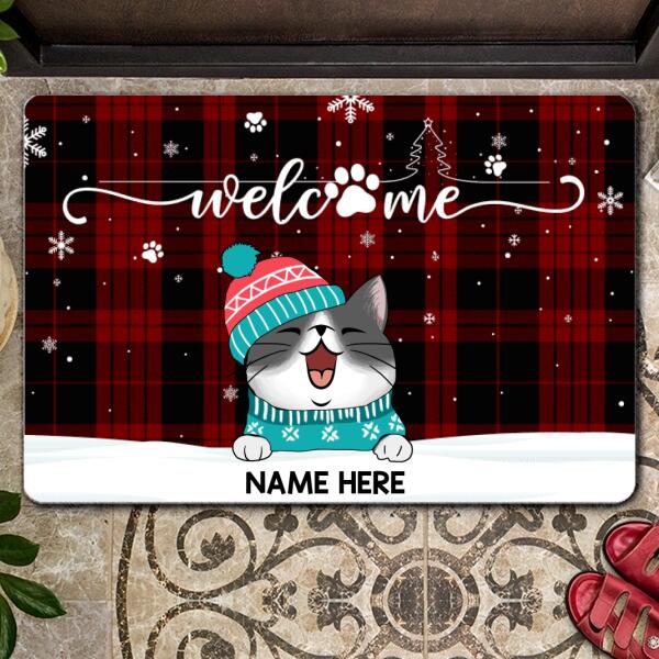 Christmas Welcome Mat, Gifts For Cat Lovers, Buffalo Plaid Personalized Doormat, Xmas House Decor