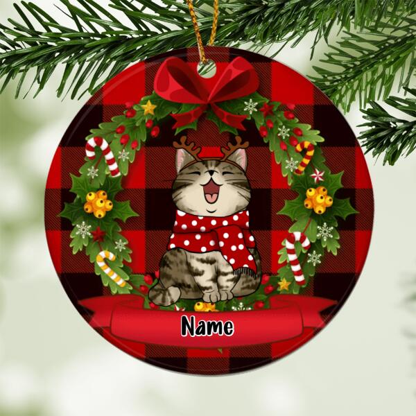 Laurel Wreath, Buffalo Plaid Circle Ceramic Ornament, Personalized Cat Breed Ornament, Xmas Gifts For Cat Lovers