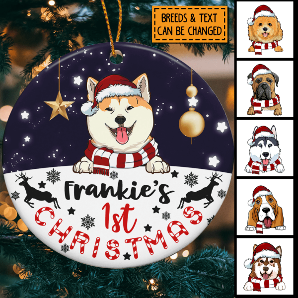 Dog 1st Christmas, Little Stars Circle Ceramic Ornament, Personalized Christmas Dog Breed Ornament