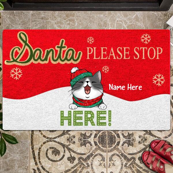 Christmas Personalized Doormat, Gifts For Cat Lovers, Santa Please Stop Here Front Door Mat
