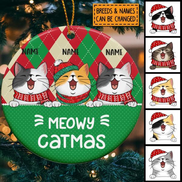 Meowy Christmas, Plaid & Polka Dots Circle Ceramic Ornament, Personalized Cat Breeds Ornament