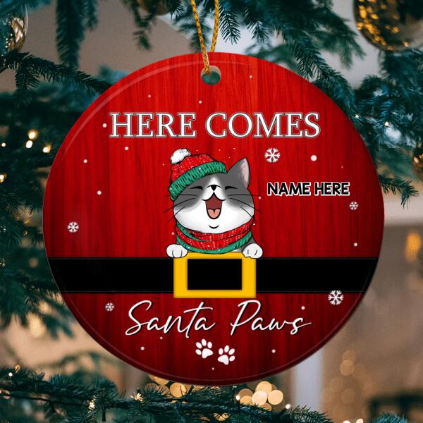 Here Comes Santa Paws, Pawprints & Belt Circle Ceramic Ornament, Personalized Cat Breeds Ornament