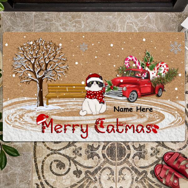Christmas Personalized Doormat, Gifts For Cat Lovers, Merry Catmas Xmas Red Truck Front Door Mat