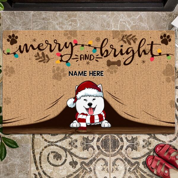 Christmas Personalized Doormat, Gifts For Dog Lovers, Merry And Bright Dog Peeking From Curtain Front Door Mat